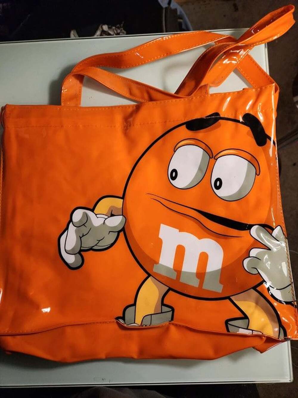 Vintage M&M’s World "The Paranoid One" Orange Character Clear Vinyl Wrapped Tote